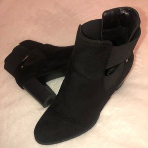 Black Suede Booties with Strap and Side Cut Out